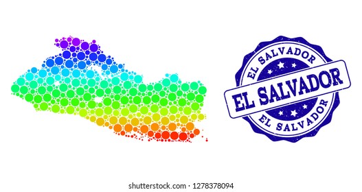 Dot spectrum map of El Salvador and blue grunge round stamp seal. Vector geographic map in bright spectrum gradient colors on a white background.