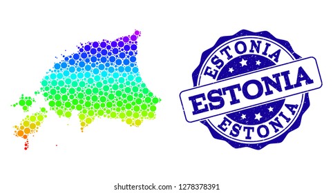 Dot spectrum map of Estonia and blue grunge round stamp seal. Vector geographic map in bright rainbow gradient colors on a white background.