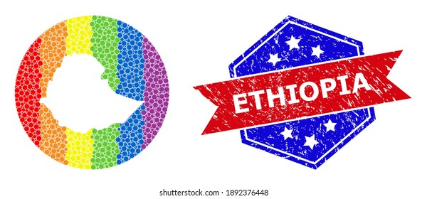 Dot spectrum map of Ethiopia mosaic created with circle and carved shape, and scratched seal. LGBT spectrum colored pixels around empty map of Ethiopia. Bicolor stamp seal uses red and blue colors,
