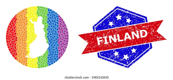 Dot spectrum map of Finland mosaic created with circle and carved shape, and distress watermark. LGBT spectrum colored pixels around empty map of Finland. Bicolor seal uses red and blue colors,