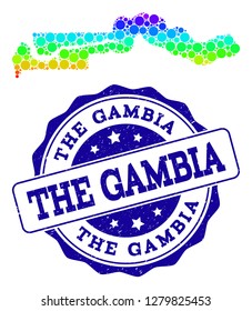Dot spectrum map of the Gambia and blue grunge round stamp seal. Vector geographic map in bright spectrum gradient colors on a white background.
