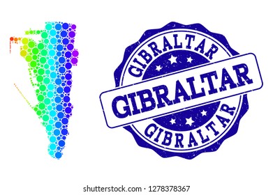 Dot spectrum map of Gibraltar and blue grunge round stamp seal. Vector geographic map in bright spectrum gradient colors on a white background.