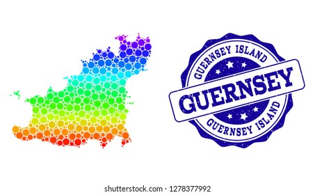 Dot spectrum map of Guernsey Island and blue grunge round stamp seal. Vector geographic map in bright spectrum gradient colors on a white background.