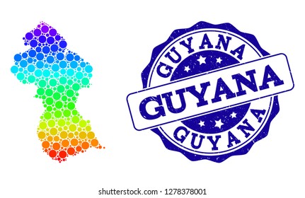 Dot spectrum map of Guyana and blue grunge round stamp seal. Vector geographic map in bright spectrum gradient colors on a white background.