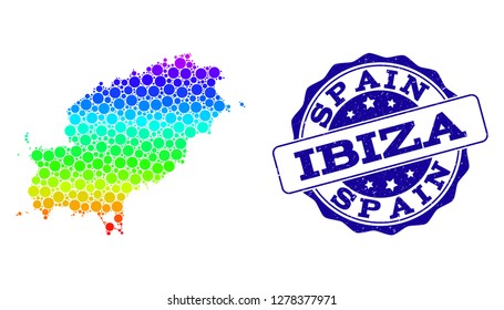 Dot spectrum map of Ibiza Island and blue grunge round stamp seal. Vector geographic map in bright spectrum gradient colors on a white background.