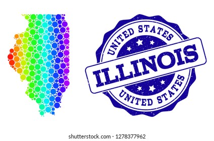 Dot spectrum map of Illinois State and blue grunge round stamp seal. Vector geographic map in bright rainbow gradient colors on a white background.