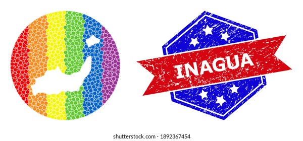 Dot spectrum map of Inagua Islands collage created with circle and carved shape, and distress stamp. LGBT spectrum colored dots around empty map of Inagua Islands.