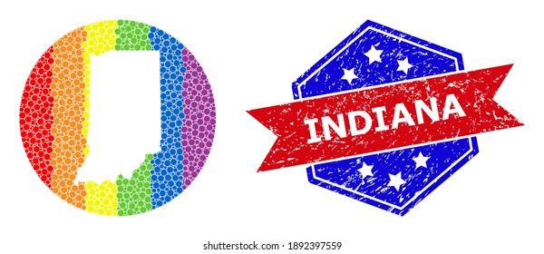 Dot spectrum map of Indiana State mosaic designed with circle and subtracted space, and textured watermark. LGBTQ spectrum colored dots around empty map of Indiana State.