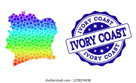 Dot spectrum map of Ivory Coast and blue grunge round stamp seal. Vector geographic map in bright spectrum gradient colors on a white background.