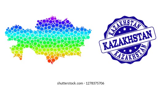 Dot spectrum map of Kazakhstan and blue grunge round stamp seal. Vector geographic map in bright spectrum gradient colors on a white background.