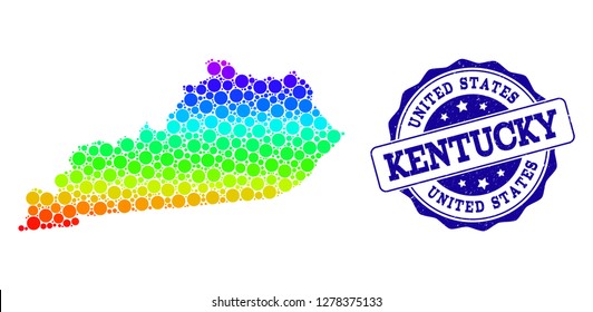 Dot spectrum map of Kentucky State and blue grunge round stamp seal. Vector geographic map in bright spectrum gradient colors on a white background.