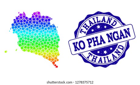 Dot spectrum map of Ko Pha Ngan and blue grunge round stamp seal. Vector geographic map in bright spectrum gradient colors on a white background.
