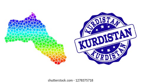 Dot spectrum map of Kurdistan and blue grunge round stamp seal. Vector geographic map in bright spectrum gradient colors on a white background.