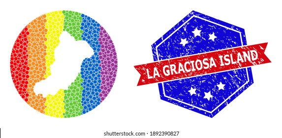 Dot spectrum map of La Graciosa Island mosaic designed with circle and subtracted shape, and grunge seal. LGBT spectrum colored pixels around empty map of La Graciosa Island.