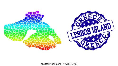 Dot spectrum map of Lesbos Island and blue grunge round stamp seal. Vector geographic map in bright spectrum gradient colors on a white background.