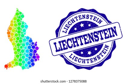 Dot spectrum map of Liechtenstein and blue grunge round stamp seal. Vector geographic map in bright spectrum gradient colors on a white background.