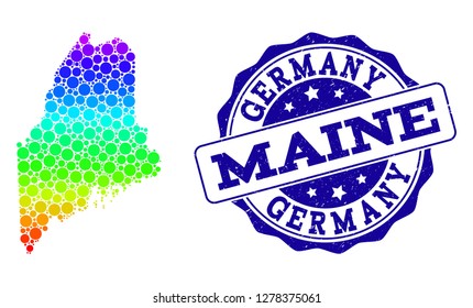 Dot spectrum map of Maine State and blue grunge round stamp seal. Vector geographic map in bright spectrum gradient colors on a white background.
