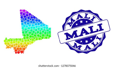 Dot spectrum map of Mali and blue grunge round stamp seal. Vector geographic map in bright spectrum gradient colors on a white background.