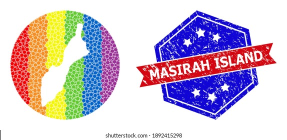 Dot spectrum map of Masirah Island mosaic designed with circle and hole, and scratched stamp. LGBT spectrum colored pixels around empty map of Masirah Island.