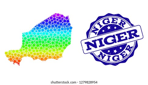 Dot spectrum map of Niger and blue grunge round stamp seal. Vector geographic map in bright spectrum gradient colors on a white background.
