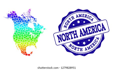 Dot spectrum map of North America and blue grunge round stamp seal. Vector geographic map in bright spectrum gradient colors on a white background.