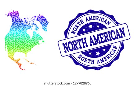Dot spectrum map of North America and blue grunge round stamp seal. Vector geographic map in bright spectrum gradient colors on a white background.