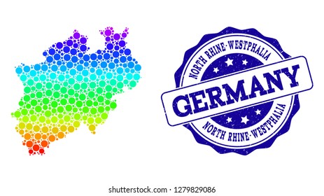 Dot spectrum map of North Rhine-Westphalia State and blue grunge round stamp seal. Vector geographic map in bright spectrum gradient colors on a white background.