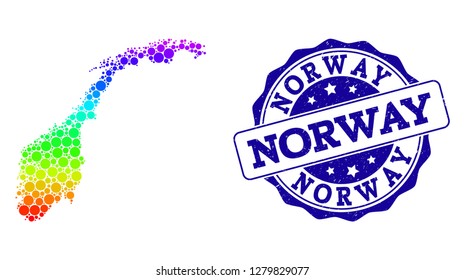 Dot spectrum map of Norway and blue grunge round stamp seal. Vector geographic map in bright spectrum gradient colors on a white background.