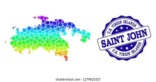 Dot spectrum map of Saint John Island and blue grunge round stamp seal. Vector geographic map in bright spectrum gradient colors on a white background.