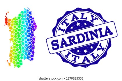 Dot spectrum map of Sardinia region and blue grunge round stamp seal. Vector geographic map in bright spectrum gradient colors on a white background.