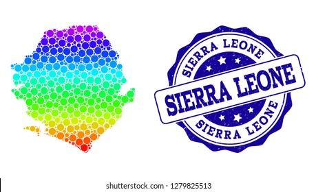 Dot spectrum map of Sierra Leone and blue grunge round stamp seal. Vector geographic map in bright spectrum gradient colors on a white background.