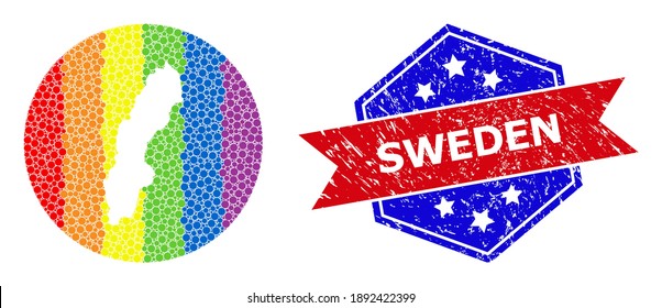 Dot spectrum map of Sweden mosaic created with circle and cut out shape, and distress stamp. LGBTQ rainbow colored pixels around empty map of Sweden. Bicolor stamp seal uses red and blue colors,