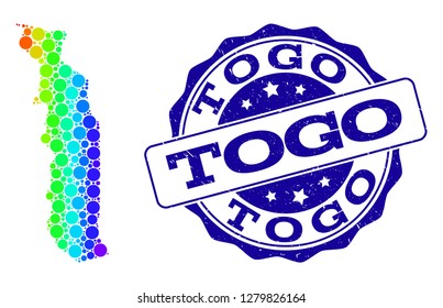 Dot spectrum map of Togo and blue grunge round stamp seal. Vector geographic map in bright spectrum gradient colors on a white background.