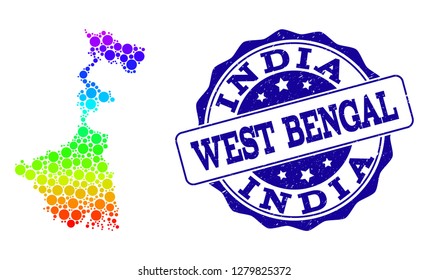 Dot spectrum map of West Bengal State and blue grunge round stamp seal. Vector geographic map in bright spectrum gradient colors on a white background.