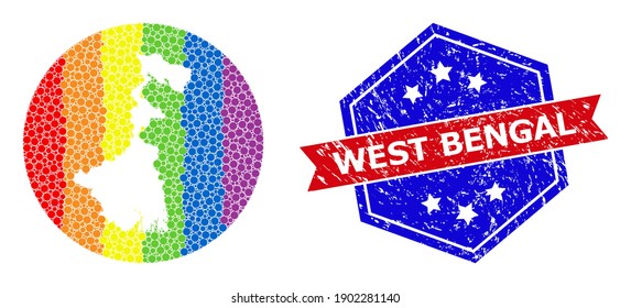 Dot spectrum map of West Bengal State mosaic created with circle and subtracted shape, and scratched seal. LGBTQ rainbow colored pixels around empty map of West Bengal State.