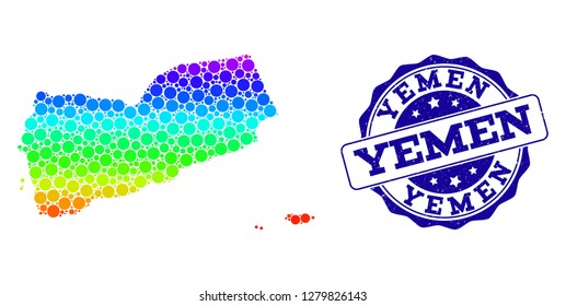 Dot spectrum map of Yemen and blue grunge round stamp seal. Vector geographic map in bright rainbow gradient colors on a white background. Color vector pattern of map of Yemen designed of round items.