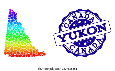 Dot spectrum map of Yukon Province and blue grunge round stamp seal. Vector geographic map in bright spectrum gradient colors on a white background.