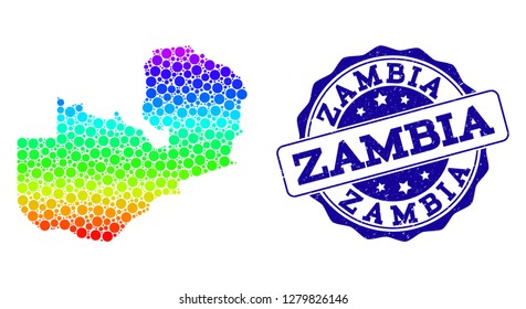 Dot spectrum map of Zambia and blue grunge round stamp seal. Vector geographic map in bright spectrum gradient colors on a white background.