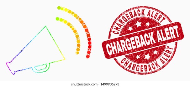 Dot spectrum megaphone sound mosaic pictogram and Chargeback Alert seal stamp. Red vector round grunge seal with Chargeback Alert text. Vector collage in flat style.