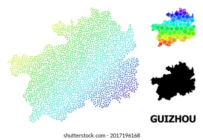 Espectro de puntos y mapa monocromo de la provincia de Guizhou, y etiqueta negra. La estructura vectorial se crea a partir del mapa de la provincia de Guizhou con esferas. La plantilla es útil para los afiches políticos.