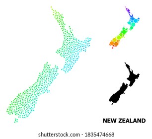 Dot spectrum, and monochrome map of New Zealand, and black name. Vector model is created from map of New Zealand with round dots. Collage is useful for political purposes.