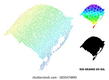 Espectro de puntos y mapa monocromo del estado de Rio Grande do Sul, y título negro. El modelo vectorial se crea a partir del mapa del estado de Rio Grande do Sul con puntos redondos. Ilustración para objetivos geográficos.