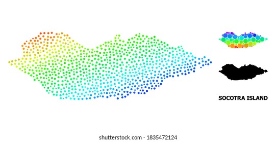Dot spectrum, and monochrome map of Socotra Island, and black tag. Vector structure is created from map of Socotra Island with round dots. Illustration designed for geographic purposes.