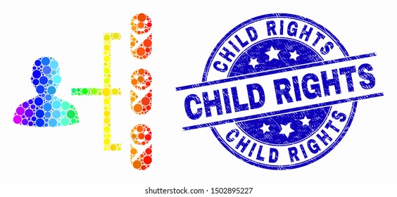 Dot spectrum newborn parent links mosaic icon and Child Rights seal stamp. Blue vector round grunge seal stamp with Child Rights caption. Vector composition in flat style.