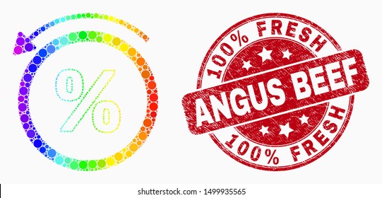 Dot spectrum percent back mosaic icon and 100% Fresh Angus Beef stamp. Red vector round distress seal stamp with 100% Fresh Angus Beef phrase. Vector collage in flat style.