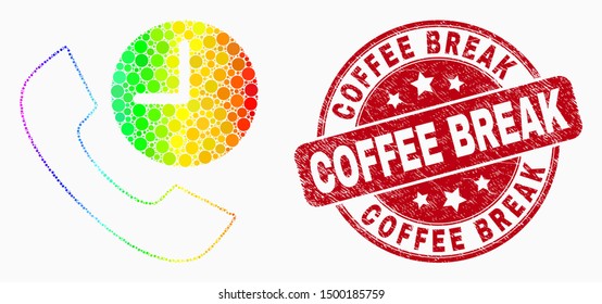 Dot spectrum phone call time mosaic pictogram and Coffee Break seal stamp. Red vector rounded textured seal with Coffee Break caption. Vector collage in flat style.