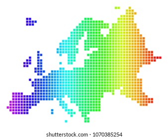 Dot spectrum pixelated Europe Map. Vector geographic map in bright colors on a white background. Spectrum has horizontal gradient. Colorful vector mosaic of Europe Map done of small rounded squares.