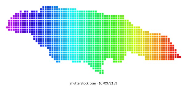 Dot spectrum pixelated Jamaica Map. Vector geographic map in bright colors on a white background. Spectrum has horizontal gradient.