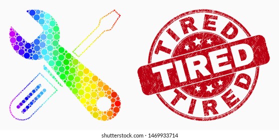 Dot spectrum repair tools mosaic pictogram and Tired seal stamp. Red vector rounded grunge stamp with Tired text. Vector collage in flat style. Spectrum gradient repair tools mosaic of scattered dots,