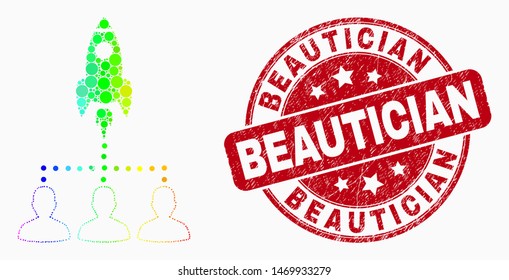 Dot spectrum rocket startup group mosaic icon and Beautician stamp. Red vector round grunge seal stamp with Beautician message. Vector collage in flat style.
